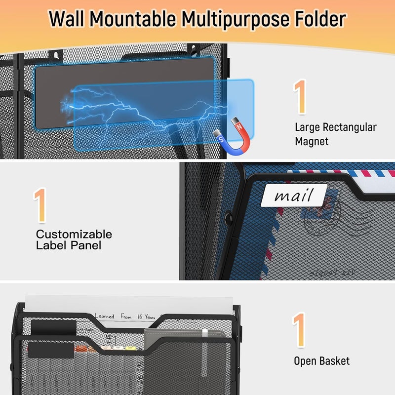 Docnest 2 Tier 3 Pack Magnetic Wall Mounted File Holders,Mesh Letter Organizer, Magnetic Hanging Mail Paper Document Organizer for Office, Home, School, Black - Image 4